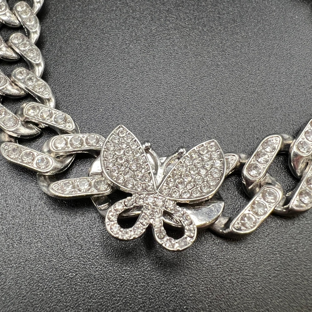 Butterfly Cuban Link Chain Necklace Silver Tone Y2K Rhinestone Bling Iced Out - Picture 4 of 9